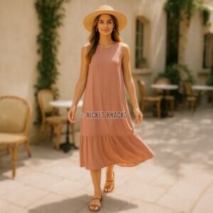 Blush Pink Sleeveless Midi Dress Shift Style Ruffle Hem Lagenlook Cottagecore L